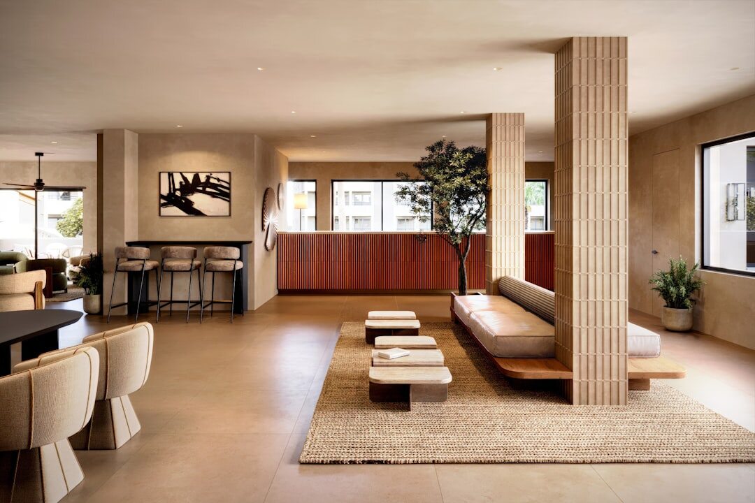 Modern office reception area with warm wood tones and natural light